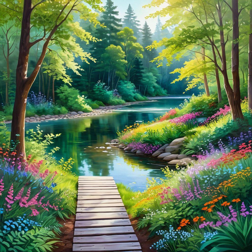 A serene landscape featuring a tranquil path winding through a lush green forest, dotted with vibrant flowers and sunlight filtering through the leaves. Include people engaging in mindful exercises like yoga and meditation, radiating joy and peace. A gentle river flows nearby, symbolizing emotional healing and flow. Create a soft, uplifting atmosphere with pastel colors. painting. vibrant colors.