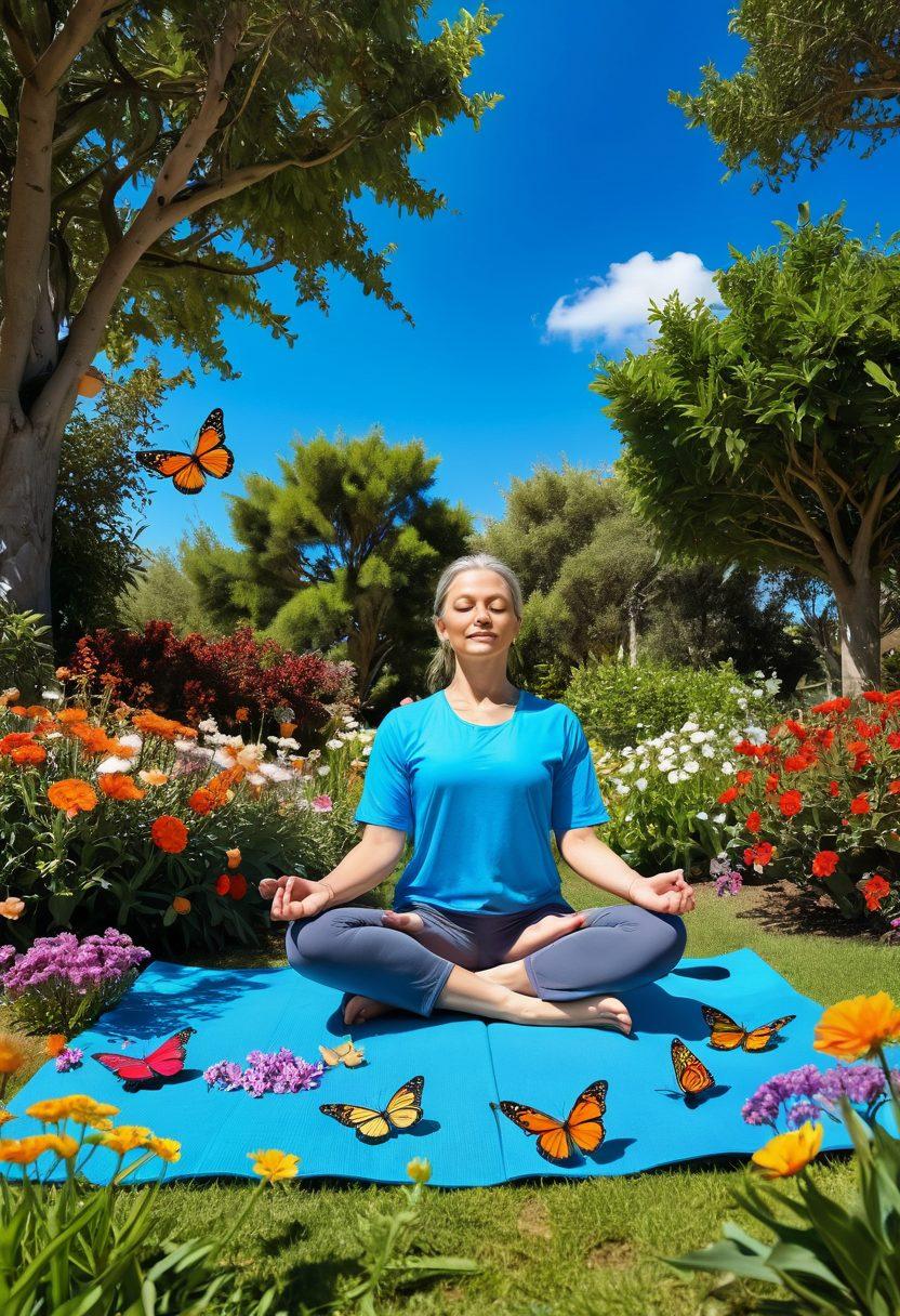 A serene and colorful garden filled with diverse flowers, vibrant butterflies fluttering around, a peaceful person meditating on a soft patch of grass under a clear blue sky. Elements of mindfulness like yoga mats, aromatic candles, and books about happiness scattered nearby, evoking tranquility and joy. super-realistic. vibrant colors. peaceful atmosphere.