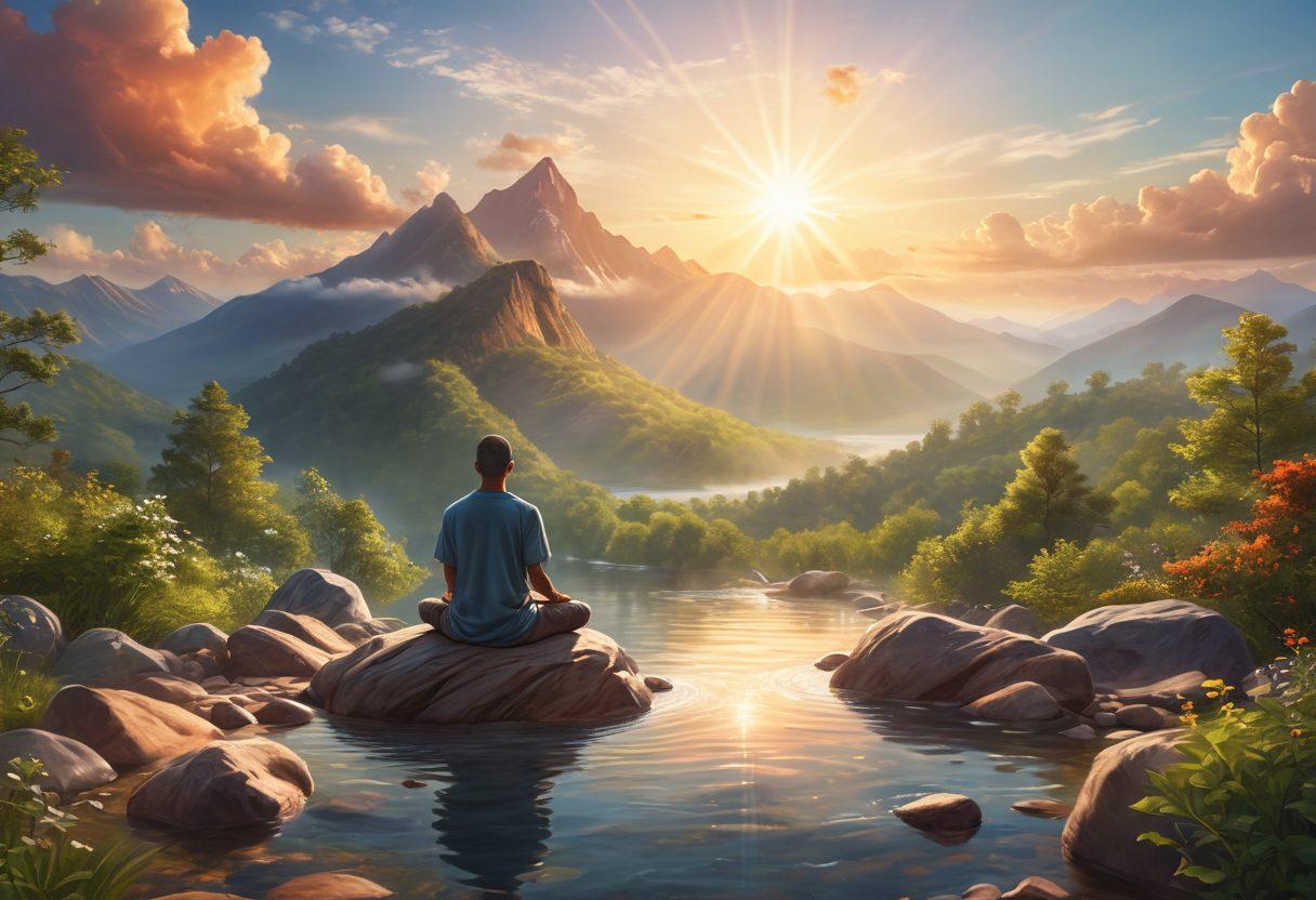 A serene landscape illustrating a person meditating on a mountaintop at sunrise, surrounded by nature. Radiant rays of light symbolize gratitude and resilience, with gentle flowing water in the foreground representing mindfulness. Integrate elements of vibrant foliage and soft clouds for a peaceful ambiance. super-realistic. vibrant colors.